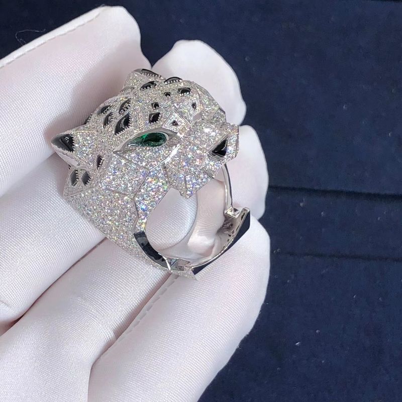 Calidad diamantes del ónix de Cartier Panther Ring Real Emeralds del oro blanco 18K fábrica