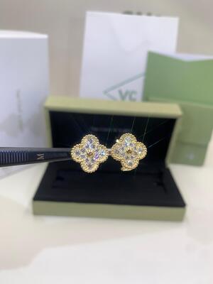 Blanco del oro amarillo de Alhambra Medium Clip Earrings 18K del vintage nacarado CONTRA diamante